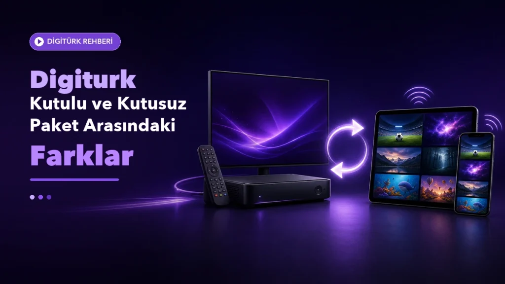 Digiturk kutulu ve kutusuz paket farklarını gösteren televizyon, uydu alıcısı ve mobil cihaz görseli